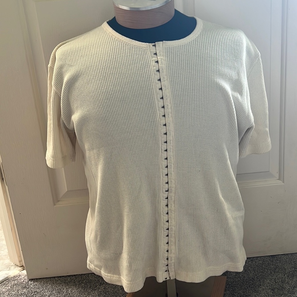 1990s SHORT SLEEVE CORSET HOOK FRONT THERMAL BLOUSE TOP
